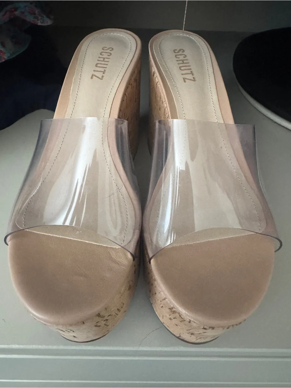 SCHUTZ Clear Strap Cork Platform Sandals in Nude